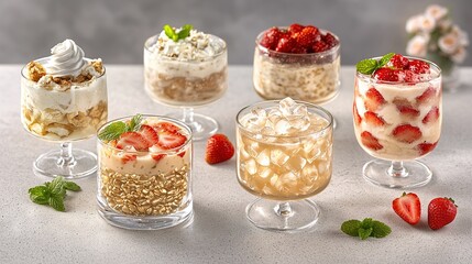 Obraz premium Desserts and milkshakes sit atop a table, accompanied by strawberries
