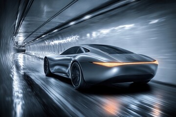 Obraz premium futuristic silver car speeding through a sleek illuminated tunnel, showcasing modern automotive design and technology