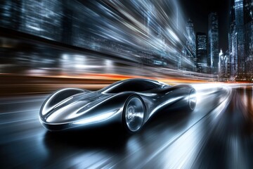 Fototapeta premium futuristic racing car in motion with a blurred city skyline at night, showcasing sleek design and advanced technology