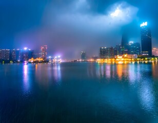 Fototapeta premium city skyline at night with mist in the far distance