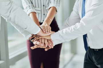 Business people, hands together and collaboration for agreement, motivation or office support....
