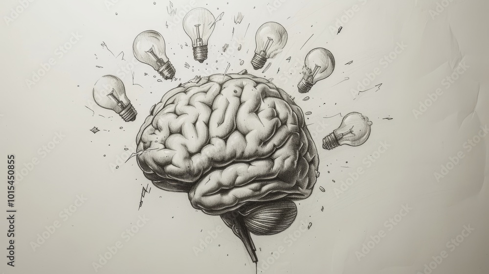 Poster a creative and abstract drawing of a brain with surrounding light bulbs, each representing a new ide