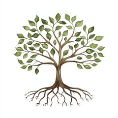 Fototapeta premium A beautiful, detailed illustration of a tree with green leaves and exposed roots on a white background.