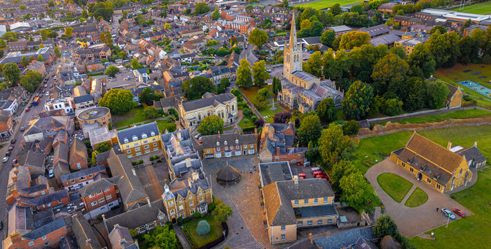 Aerial view of All saint church in Oakham, a market town and civil parish in Rutland in the East Midlands of England