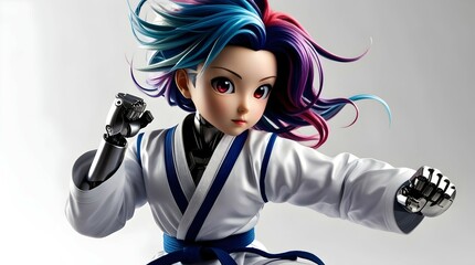 sleek metallic robot posing in karate with colorful flowing locks