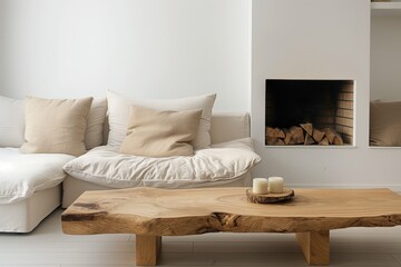 Scandinavian living room interior design with wooden coffee table, beige pillows, and white sofa. Fireplace with black screen and gray rug on floor. Soft natural light creates tranquil atmosphere.