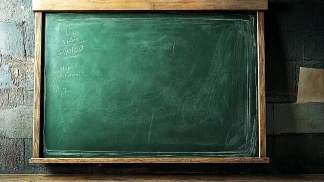 A green chalkboard hangs on a brick wall, ready for a new lesson to be taught
