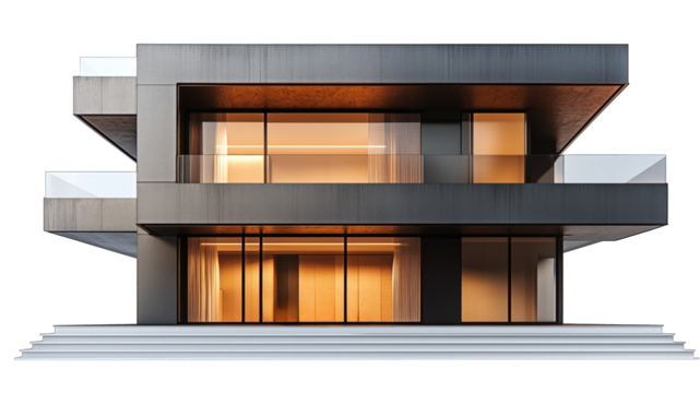 Modern architectural design of a sleek black house featuring large windows and minimalistic style in bright daylight