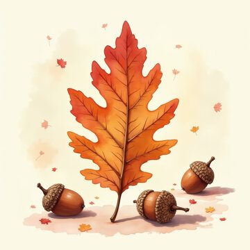 Ein gro&szlig;es, orangefarbenes Eichenblatt liegt im Zentrum des Bildes, umgeben von drei Eicheln und kleinen fallenden Bl&auml;ttern, die eine herbstliche Atmosph&auml;re schaffen.
