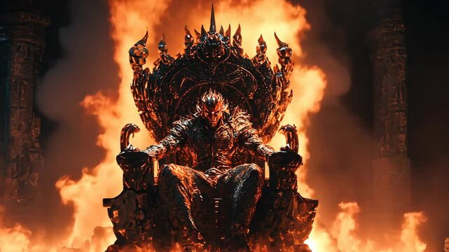 A figure sits on a fiery throne, engulfed in flames, showcasing the intensity of the scene