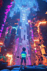 Obraz premium Boy standing in awe before a neon-lit futuristic cityscape at night. AI-generated