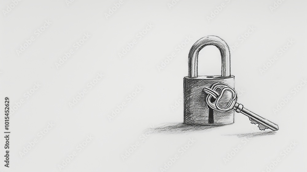 Poster a simple pencil drawing of a lock and key, rendered in a minimalist style. the detailed shading and 