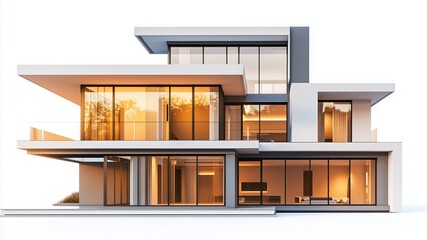Modern architectural design of a multi-level home featuring expansive glass windows at sunset, showcasing sleek lines and contemporary aesthetics