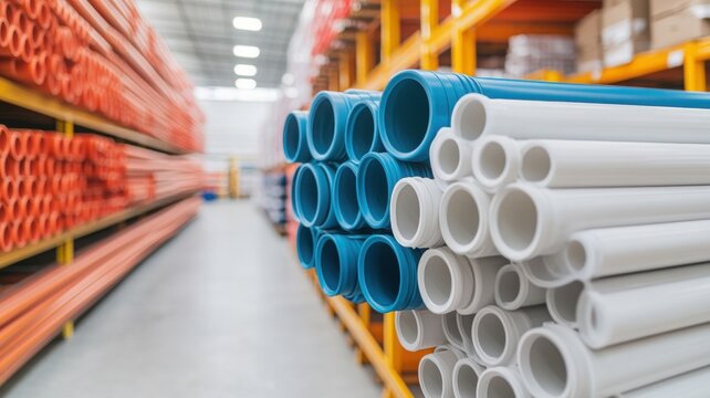 Colorful plastic pipes stacked neatly in a warehouse, representing a variety of sizes and types for construction and plumbing use.