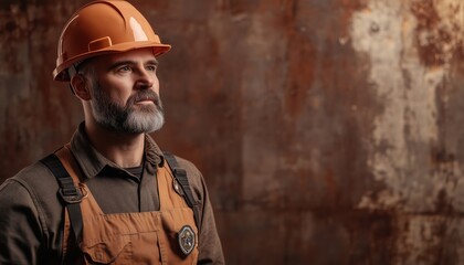 Obraz premium Professional Engineer Wearing A Hard Hat And Badge Against A Brown Background. The Engineer Is Equipped With Necessary Safety Gear.