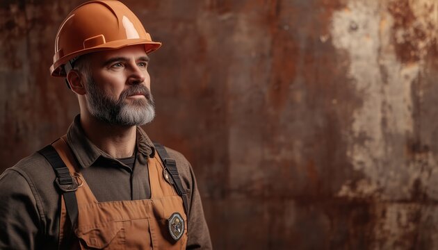 Professional Engineer Wearing A Hard Hat And Badge Against A Brown Background. The Engineer Is Equipped With Necessary Safety Gear.