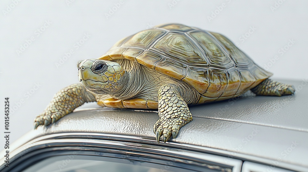 Poster   Close-up of turtle on car with white walls in background