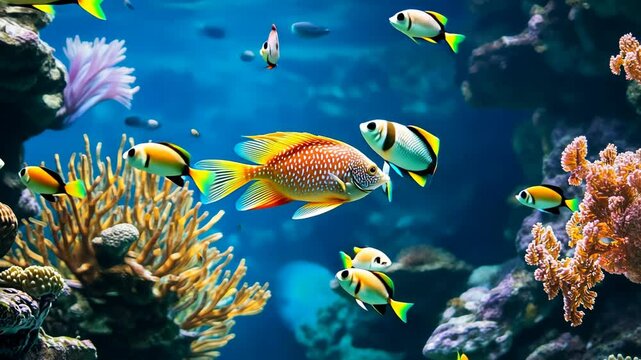 Colorful fish swim around a coral reef in a tropical ocean
