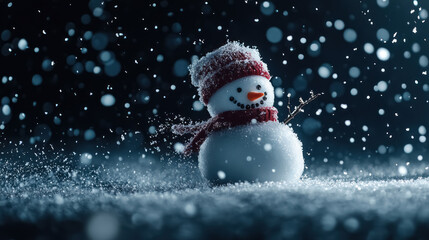 enchanting snowy scene with cheerful snowman in falling snow