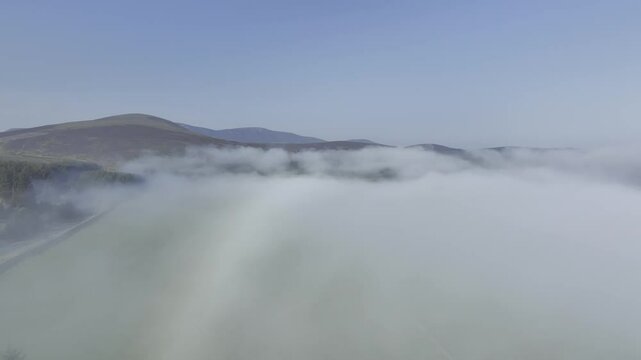 Coastal fog in the Scottish Highlands with hills, drone image, Broch of Ousdale, Berriedale, Scotland, Great Britain