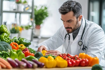 Healthcare professional with vibrant produce for food sensitivity testing in a modern medical office emphasizing nutrition wellness and patient care