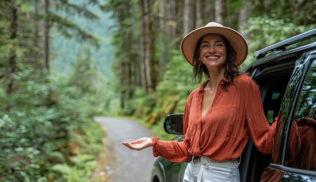 Woman in orange shirt smiling near car in lush forest