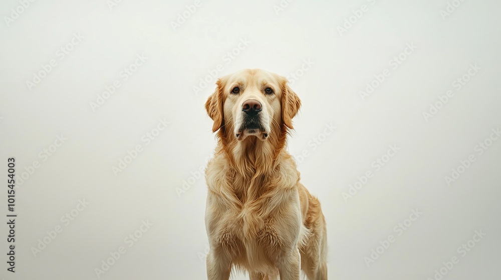 Poster   Golden Retriever facing camera with sad expression on white background