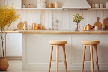 White kitchen interior with bar counter and wooden stools. Modern home interior design. Furniture catalogs advertisement. Comfortable living and lifestyle
