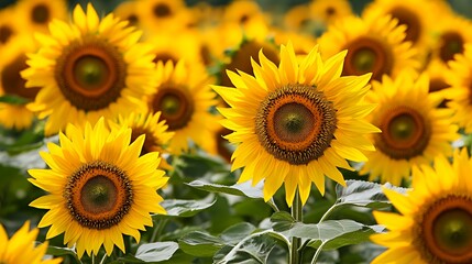 Fototapeta premium Bright yellow sunflowers in a field with green leaves.