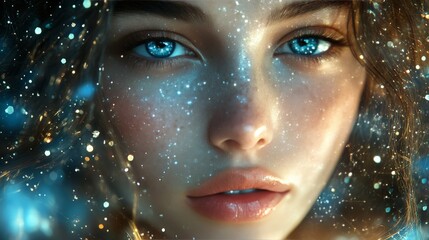 Dreamy girl surrounded by stars, ethereal fantasy portrait in soft focus