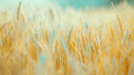 Fototapeta premium A wheat field with a blue sky in the background and blurry stalks in the foreground
