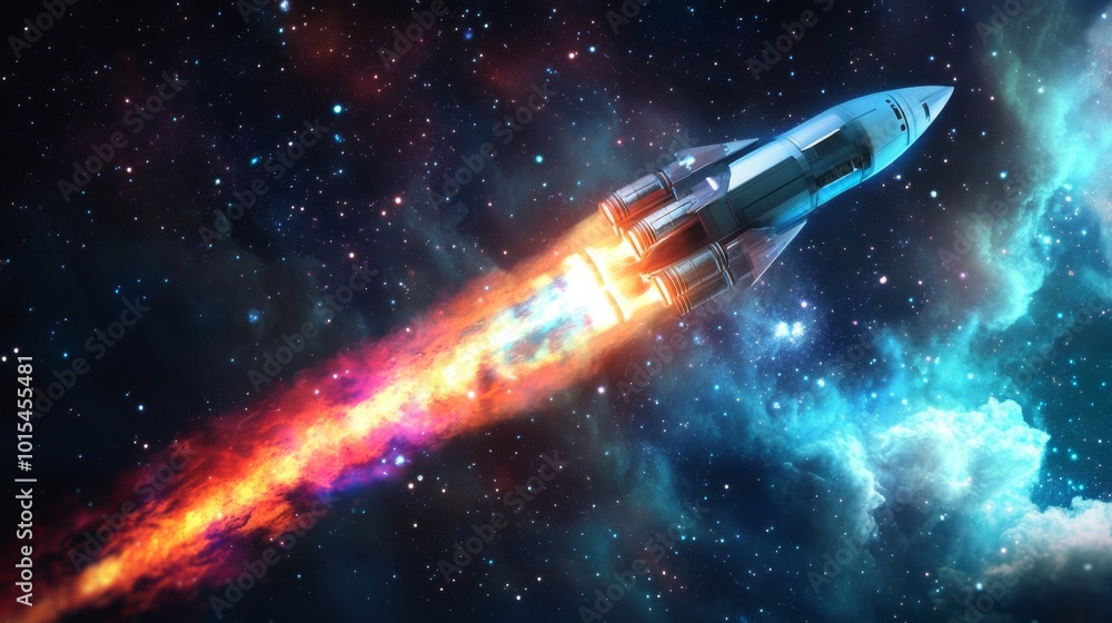Poster a rocket propels through a vivid galaxy with swirling colors, its fiery exhaust creating a striking 