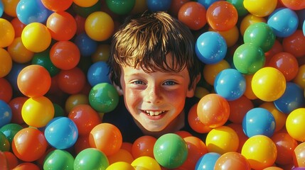 Joyful boy diving into a colorful sea of plastic balls embodying childhood happiness and playful energy in a vibrant and dynamic play environment capturing the essence of carefree fun and imagination