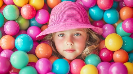 Joyful young girl in pink hat playing with colorful balls capturing carefree childhood spirit sparkling eyes.