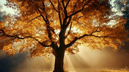 A large tree with golden leaves stands in a misty field, sunlight shining through its branches and illuminating the surrounding area. - Powered by Adobe