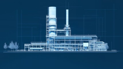 Blueprint sketch of an industrial complex with a tall silo in the background.