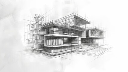 A detailed architectural sketch showcasing a modern multi-level building with clean lines and geometric shapes. The grayscale rendering highlights the minimalist design and structural elements