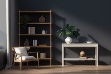 Scandinavian style living room with wooden floor, large window. White sofa faces coffee table with plants, book. Wooden bookshelf with books, decorative items. Soothing blue walls, plant on