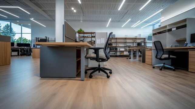 Featuring a contemporary office furniture showroom, the layout includes stylish desks and ergonomic seating designed for a sophisticated workspace, with ample natural light