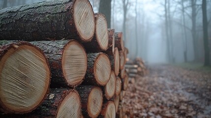   A log pile sits beside the road, leading into a dense forest filled with tall trees