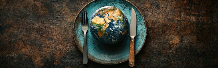 World food day concept with globe, cutlery, eco-friendly, flat lay view