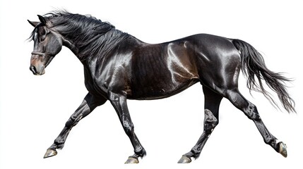 Fototapeta premium A black horse gallops on a white background against a white backdrop featuring a black steed in the foreground