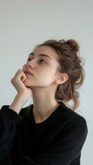 Thoughtful Woman Resting Chin on Hand. Generative AI.