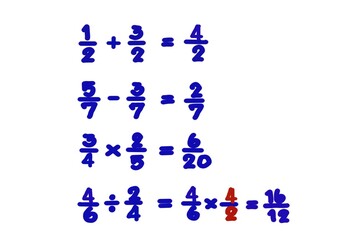 Handwritten font of Mathematical calculation to demonstrate how to calculate numbers for solution of math problems. Illustration for education. Concept Math teaching. Calculate fraction lesson.