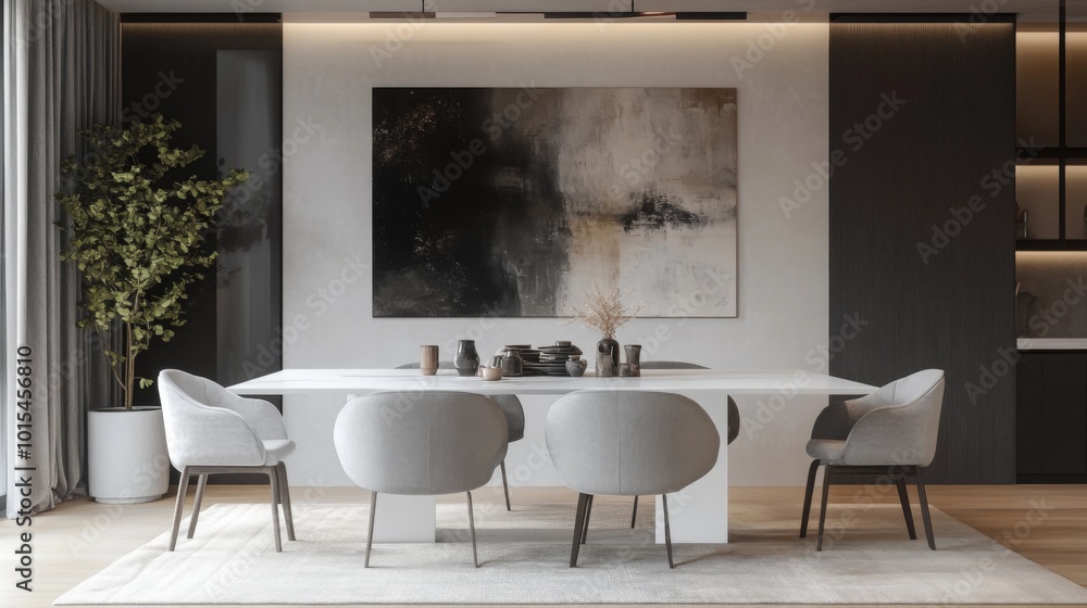 Poster a white dining table with four chairs sits in a minimalist dining room. there is a large abstract pa