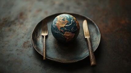 Obraz premium World food day concept with globe, cutlery, eco-friendly, flat lay view
