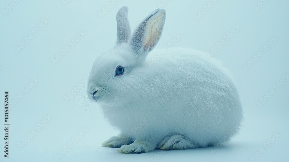 Poster   A white rabbit sitting in a white room with a light blue background