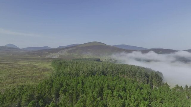 Coastal fog in the Scottish Highlands with hills, drone image, Broch of Ousdale, Berriedale, Scotland, Great Britain