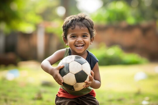 Young child plays soccer in verdant field. Wearing red shirt, brown pants, holding soccer ball. Child face lit up with smile, enjoying moment. Vibrant colors, green backdrop, dotted with trees, - Powered by Adobe