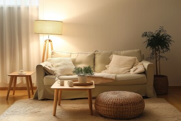 Obraz premium Cozy living room with beige sofa, white pillows, throw blanket. Wooden coffee table holds white vase with single green plant. Woven basket with plants sits next to sofa. Window with white curtains